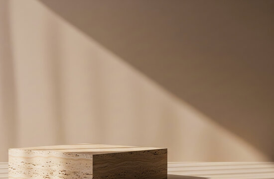Beige background with geometric shadow and wooden block for product display.