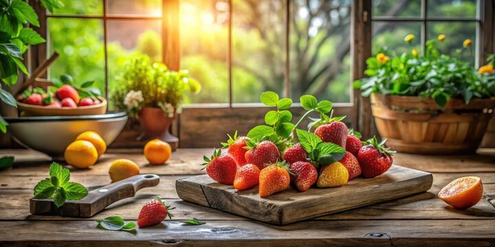 Sunlit rustic kitchen window scene with fresh strawberries, citrus fruits, and herbs on wooden cutting board - Powered by Adobe