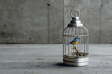 Colorful blue and yellow bird inside silver metal cage against concrete wall background
