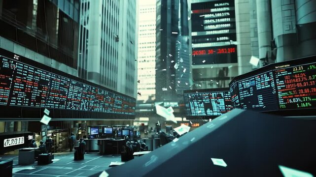 A kaleidoscope of economic symbols shatters and disperses casting haunting reflections on the faces of traders transfixed by the disaster overhead.