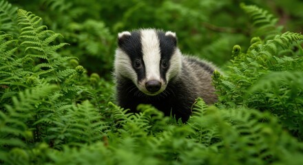 Obraz premium Adorable Badger Surrounded by Lush Green Ferns in Natural Habitat Captured with Stunning Detail and Clarity Amidst Vibrant Forest Landscape