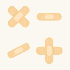 A collection of various beige adhesive bandages in a flat vector style. This icon set includes different shapes for first aid, wound care, injury, and medical concepts