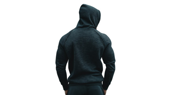 Young man in activewear, facing away, hoodie over head, urban fitness theme, waist-up shot, PNG