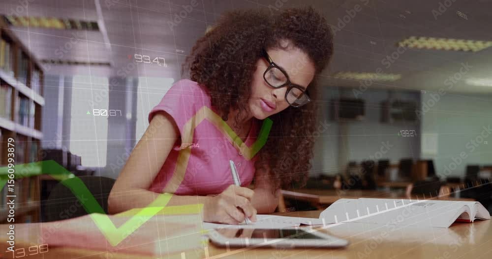 Poster student placing textbook tablet on library desk picking pen writing notes, green chart animating