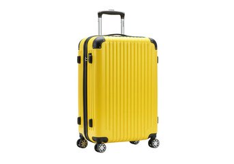 A bright yellow suitcase with black accents stands isolated on transparent background