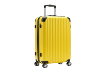 A bright yellow suitcase with black accents stands isolated on transparent background