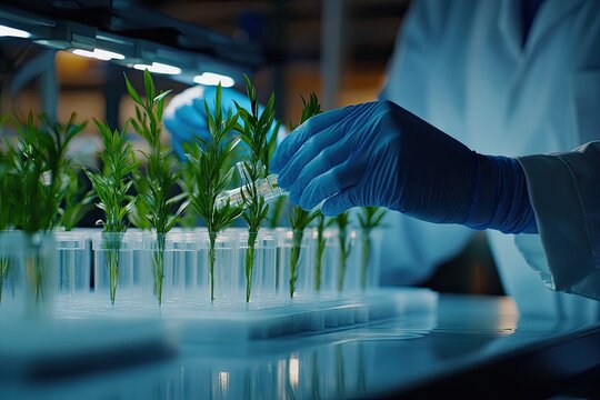 Scientist in lab coat, gloved hands, tending to young plants in clear tubes under lights - Powered by Adobe