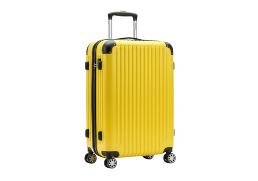 A bright yellow suitcase with black accents stands isolated on transparent background
