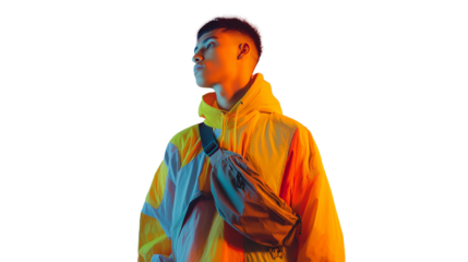 Young designer with a sling bag and colorful hoodie, looking away, bright lighting, PNG