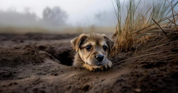 Juvenile Puggle Peeks from Burrow