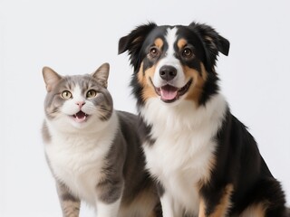 Fototapeta premium A happy, smiling Australian Shepherd dog and cat sitting together on a white background, looking at the camera in a studio shot.