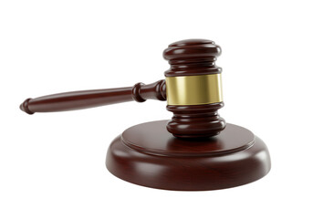 A brown wooden gavel with a gold band, isolated on transparent background, rests on a matching sound block, a symbol of justice and authority