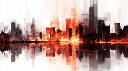 Abstract art illustration of a cityscape with reflection in water with vibrant colors and light effects on a white background.