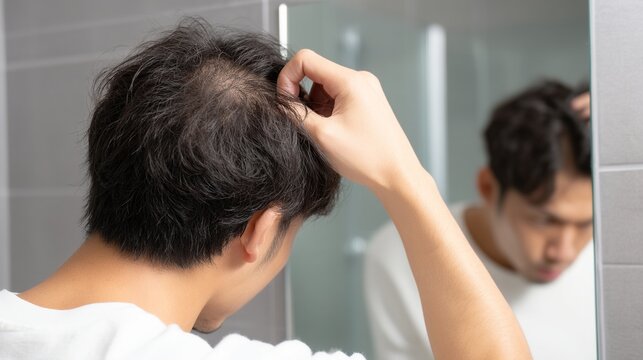 鏡の前で頭皮や髪の状態を確認する男性｜薄毛,ヘアケア,悩み

