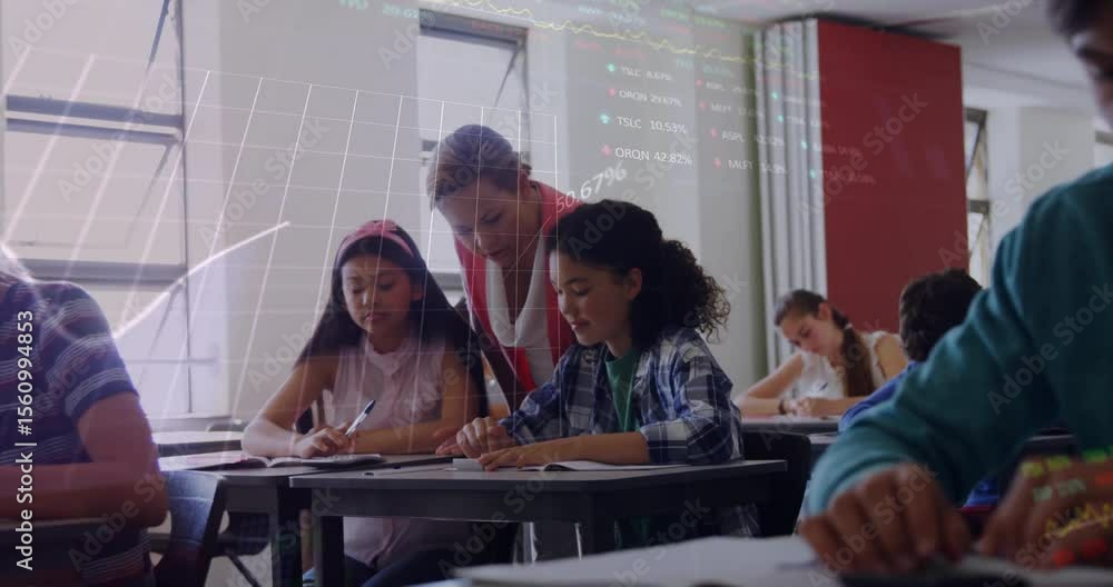 Poster teacher pointing at notes guiding front students, transparent data graphs emerging over classroom