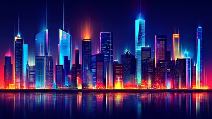 Vibrant city skyline at night, showcasing modern architecture illuminated in neon colors.