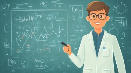 A cartoon scientist explaining a diagram on a chalkboard for research