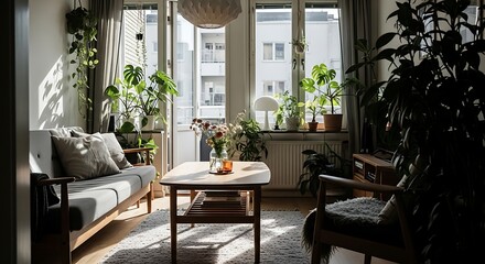 Obraz premium Sunlit Living Room with Abundant Houseplants and Mid-Century Modern Furniture