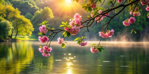 Serene sunrise illuminating delicate pink blossoms gracefully overhanging a tranquil lake reflecting the golden light