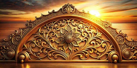 Ornate Golden Wood Carving Against Sunset Sky A Detailed Close-Up of Intricate Floral Designs