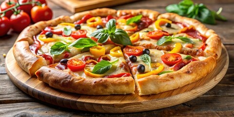 A Delicious Vegetarian Pizza with Melted Cheese, Fresh Basil, and Sliced Tomatoes on a Rustic Wooden Board