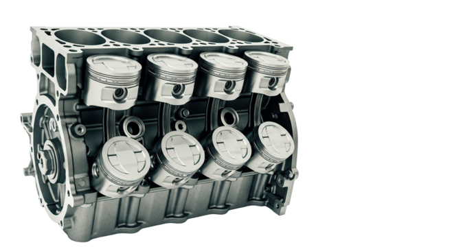Engine block and pistons, a detailed view of an internal combustion engine assembly.