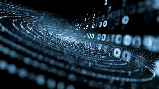 A constellation of binary code and quantum particles, ilrating the merging of traditional and quantum computing in financial analysis