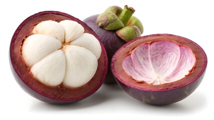 A mangosteen fruit cut open showing the white segments inside it