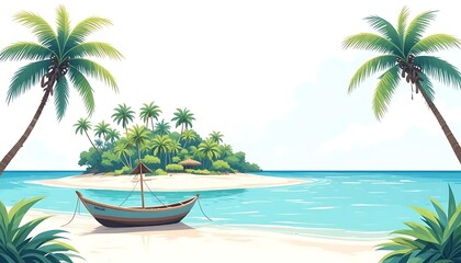 Tropical Island Paradise Sandy Beach, Blue Boat, Palm Trees
