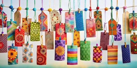 Vibrant Handmade Tags Hanging on a String, a Display of Artistic Craftsmanship, Featuring Diverse Patterns and Colorful Designs