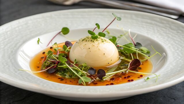 Close up of a plated dish with a white dome and microgreens