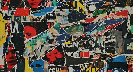 Fototapeta premium Abstract collage of torn paper, featuring a vibrant mix of colors and textures.