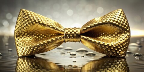 A Luxurious Golden Bow Tie Reflecting on a Dark, Gleaming Surface with Water Droplets