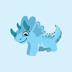 Cute blue dinosaur with three horns and striped tail on light blue background. Perfect illustration design element for kids theme, education, games, cartoon characters, and fun content