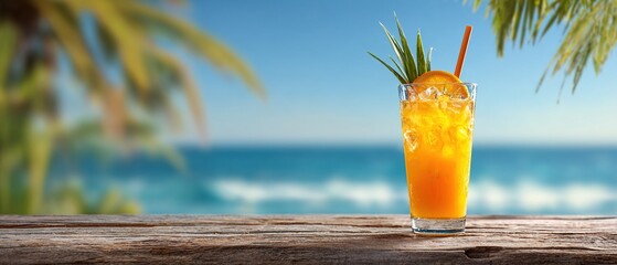 A refreshing tropical cocktail with a straw on a wooden surface against the background of the ocean and palm trees — perfect banner for advertising vacation or drinks. High quality