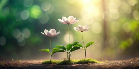 Three delicate blossoms emerge from the earth, bathed in sunlight's gentle embrace, symbolizing nature's resilience and the promise of new beginnings.