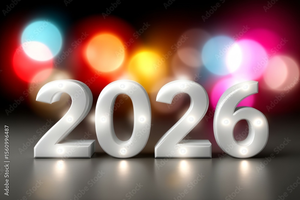 Poster glowing 2026 numbers with colorful bokeh lights in the background