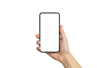 A hand holding a smartphone with a blank white screen, isolated on transparent background