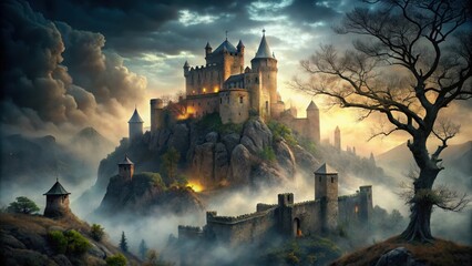 Enchanted Castle Perched on a Misty Mountaintop at Sunset, with Ancient Stone Walls and Towering Structures
