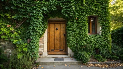 House facade covered with ivy and a wooden door and window frame
