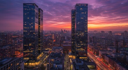 Obraz premium Modern skyscrapers illuminated at dusk with vibrant purple and orange sky