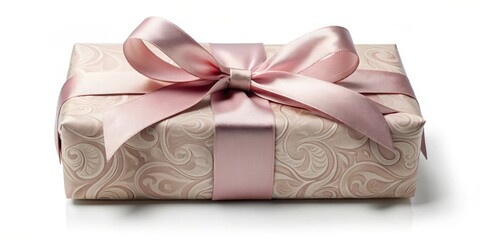 A luxuriously wrapped gift box with a delicate pink satin ribbon and embossed design, perfect for a special occasion