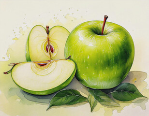 Watercolor green apple slices and an apple; room for text  AI