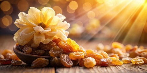 Golden Raisins and Dried Flower in Rustic Bowl, Illuminated by Warm Sunlight, Creating a Still Life of Natural Beauty and Dried Fruit Delights