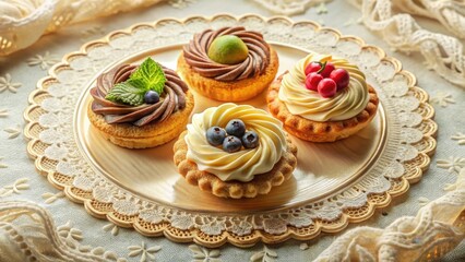 A delightful assortment of miniature pastries, each adorned with a swirl of creamy frosting and fresh berries, elegantly presented on a decorative plate.
