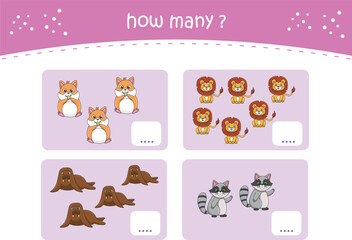Count and match activity page for kids with cute wild animals. Elementary math for preschool and kindergarten. Vector illustration