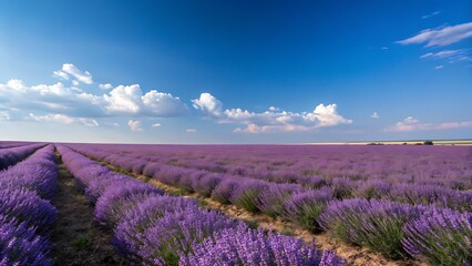 Obraz premium A landscape view of a lavender field under a cloudy blue sky