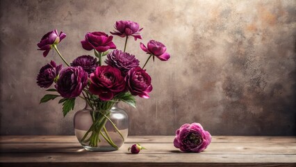 A Still Life Featuring a Bouquet of Deep Purple Flowers in a Clear Glass Vase on a Rustic Wooden Surface