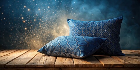 Serene Blue Pillows Resting on Rustic Wooden Surface Against a Sparkling, Smoky Background