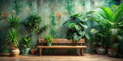 Tranquil Indoor Oasis Lush Greenery and Rustic Wooden Bench Against a Textured Green Wall